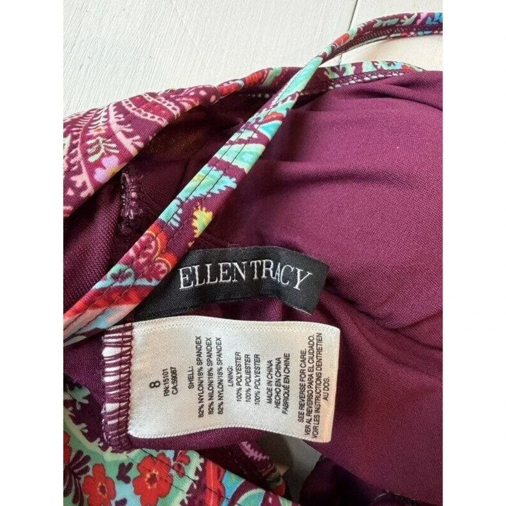 Ellen Tracy Womens Swimsuit High Neck Keyhole Paisley Leaf Print One Piece 8